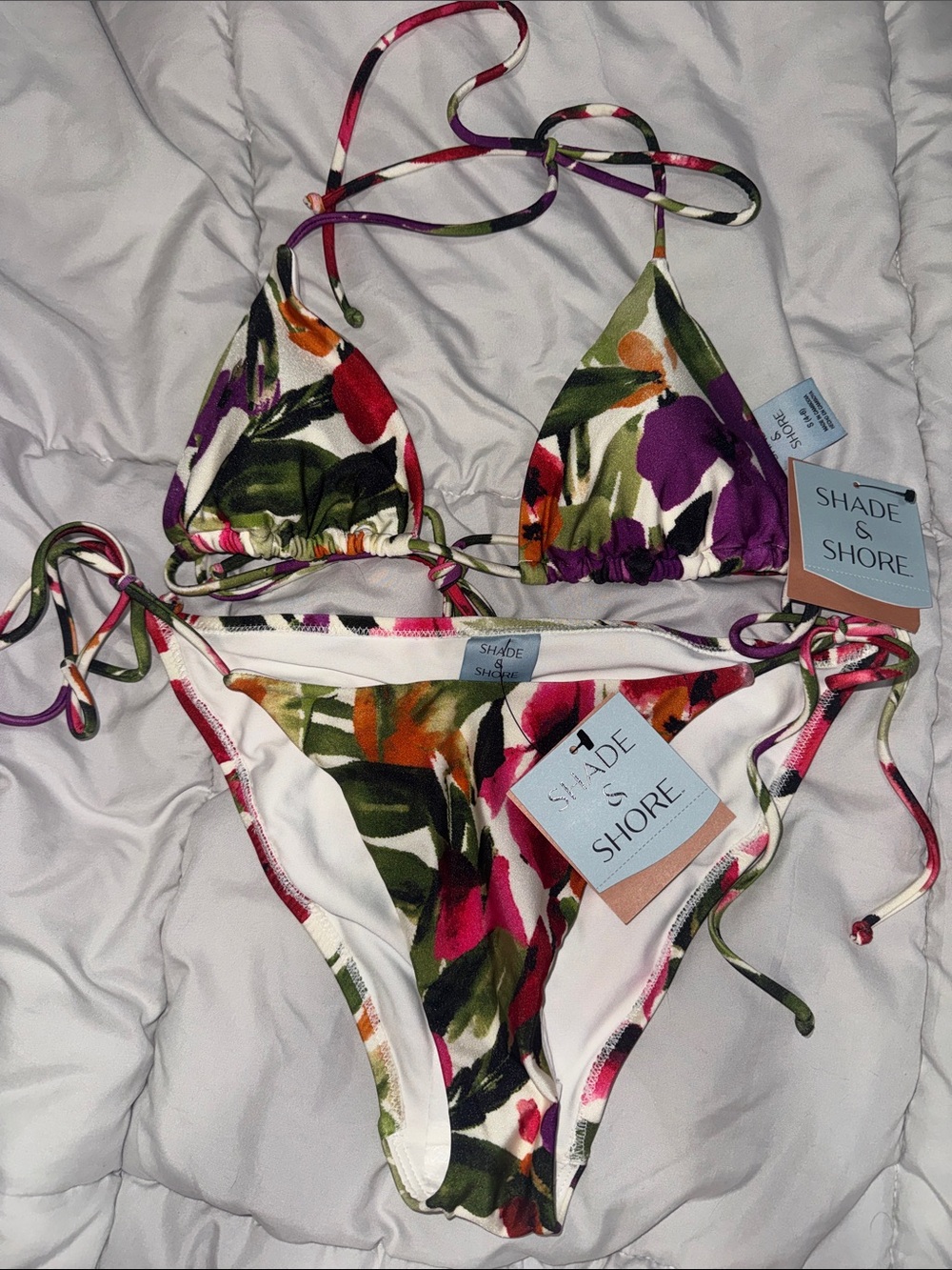 Shade & Shore Multicolor Floral Tie Bikini Set - Pink Purple Green Orange White